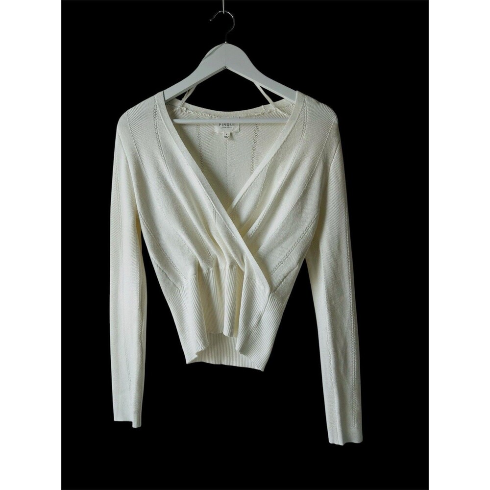 Pinque Off White Cropped V-Neck Sweater Cross Front Surplice Size S Soft Comfy